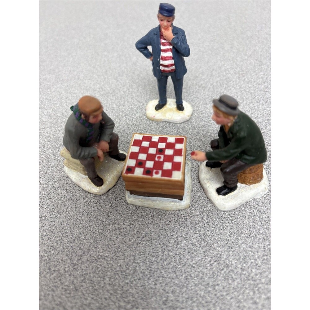 Vintage Lemax Resin Christmas Village Figurine Men Playing Checkers